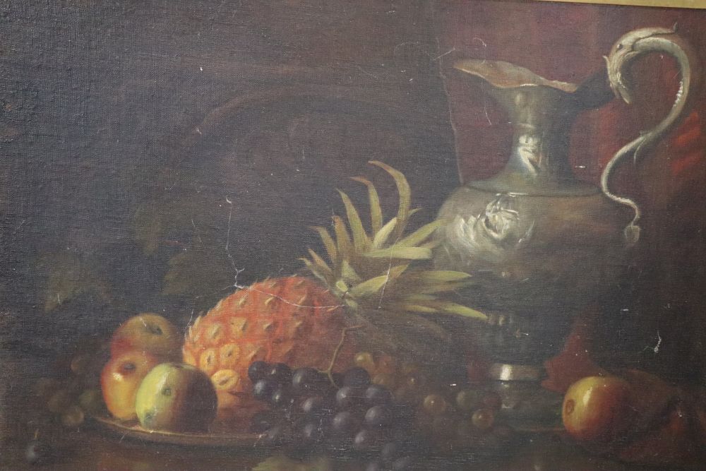 19th century English School, oil on canvas laid on board, Still life of fruit and a ewer on table top, 44 x 61cm